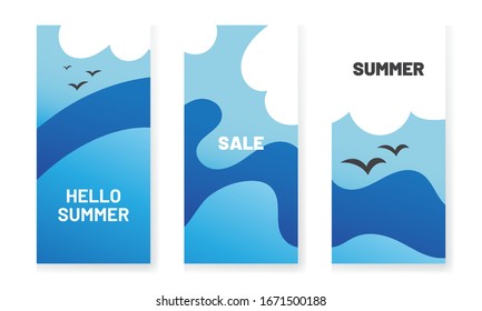 Summer cute landscape background set. Social media stories design templates. Sea waves and clouds with a few seagulls.