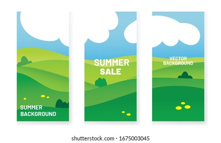 Marco paisajístico bonito de verano. Plantillas de diseño de historias en medios sociales. Campos verdes, prados y nubes