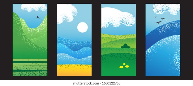 Summer cute landscape background set. Social media stories design templates. Sea, beach, mountains and fields