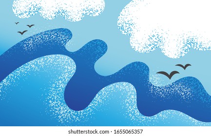 Summer cute landscape background with texture. Sea waves and clouds with few seagulls