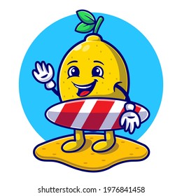 Summer with Cute Lemon on Beach holding Surfboard flat illustration. Hello Summer Food and Fruits concept flat cartoon style