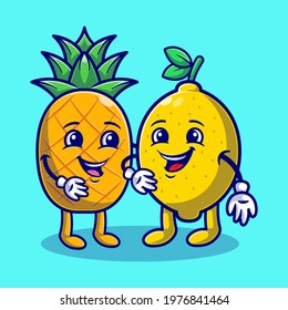 Summer with Cute Lemon and Pineapple flat illustration. Hello Summer Food and Fruits concept flat cartoon style