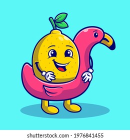 Summer with Cute Lemon using Flamingo Swimming Float flat illustration. Hello Summer Food and Fruits concept flat cartoon style
