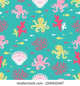 Summer cute marine seamless pattern coral reef with cute octopuses, starfish, algae, shells and fish. ocean dwellers. Cartoon style. bright acid colors. For nursery, wallpaper, printing on fabric