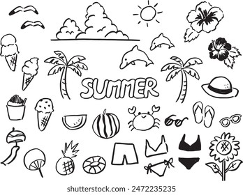 Summer cute monochrome line drawing icon set.