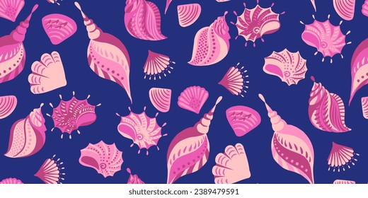 Summer cute Ocean Sea shells seamless pattern. Vector hand drawn doodle sketch. Colorful set of pink shells on a blue background. Illustration for summer design, print, exotic wallpaper, textile