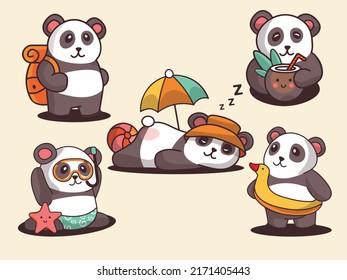 Summer cute panda resting on the sea in different positions lies and sunbathing or travel