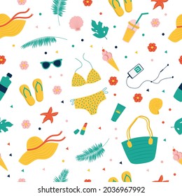 Summer cute pattern. Beach clothes on a white background. Flat vector illustration
