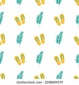 Summer cute pattern. Summer women's flip-flops and palm leaves on a white background. Flat vector illustration