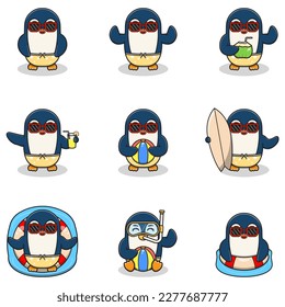 Summer cute Penguin vector illustration. Flat Penguin Summer Cartoon. Graphic cartoon character for banner, sticker advertising travel in summer theme illustration. Summer holiday concept design.