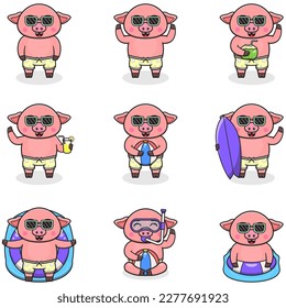 Summer cute Pig vector illustration. Flat Pig Summer Cartoon. Graphic cartoon character for banner, sticker advertising travel in summer theme illustration. Summer holiday concept design.