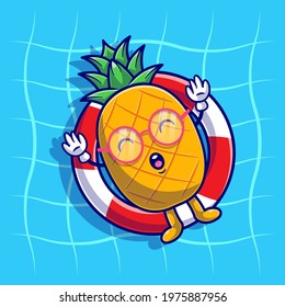 Summer with Cute Pineapple Relaxing using swimming float flat illustration. Hello Summer Food and Fruits concept flat cartoon style