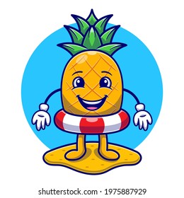 Summer with Cute Pineapple using swimming float flat illustration. Hello Summer Food and Fruits concept flat cartoon style