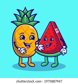 Summer with Cute Pineapple and Watermelon flat illustration. Hello Summer Food and Fruits concept flat cartoon style