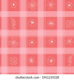 Summer cute pink pattern with line white flowers. Seamless background. Textiles for children in a yellow green blue cage for kitchen. Minimalism paper scrapbook.