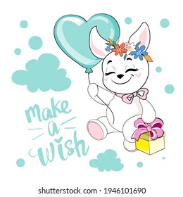 Summer cute rabbit flying on a balloon with a gift and the inscription make a wish on a white background isolated. Vector illustration, greeting card, design for t-shirt