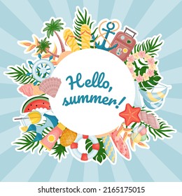 Summer cute round frame on blue background. Template for design. Many objects. Vector illustration. cartoon style. 