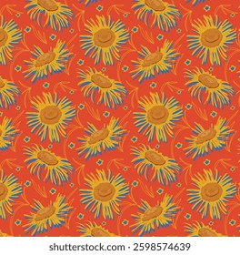 Summer cute seamless pattern with beautiful big large yellow daisies on orange floral background. Vintage romantic flowers print. Vector illustration.