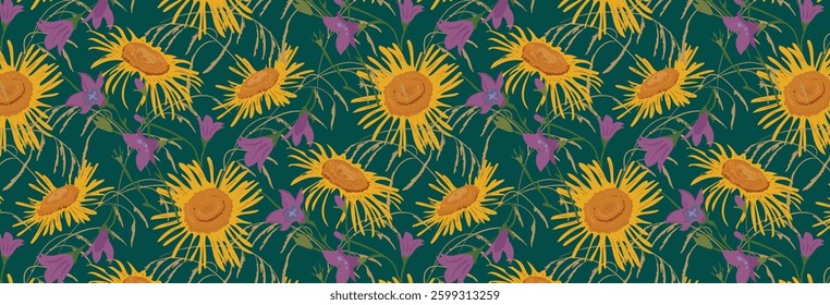 Summer cute seamless pattern with beautiful wild flowers, bluebells, yellow daisies, leaves and grass. Floral summer background. Vintage romantic print. Vector flat illustration.