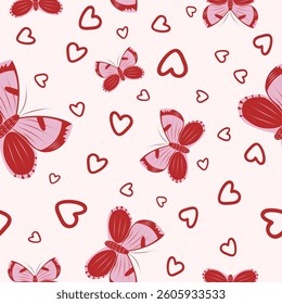 Summer cute seamless pattern with red butterflies and red hearts. Vector butterfly on a pink background.