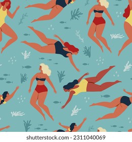 Verano lindo patrón sin costura con nadar en el mar o mujeres positivas del cuerpo del océano. Natación submarina. Antecedentes con niñas nadando. Ilustración del vector