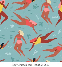 Summer cute seamless pattern with swim in the sea or ocean body positive women. Underwater swimming. Background with swimming girls. Vector illustration