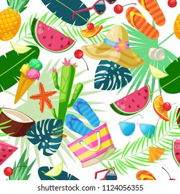 Summer cute seamless pattern. Vector cartoon illustration. Summertime travel, tourism and vacation background. Fashion textile print design.