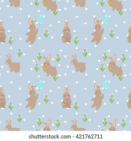 summer cute seamless pattern with vector rabbit and flower