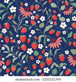 Summer cute seamless pattern with wild strawberries and flowers, seasonal strawberry wallpaper, cute design for fabric, interior decor, wrapping paper