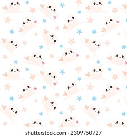 Summer cute seamless patterns with sea animals, colorful patterns, children's patterns with smiling animals, walrus, starfish