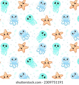 Summer cute seamless patterns with sea animals, colorful patterns, children's patterns with smiling animals , jellyfish, starfish, octopus