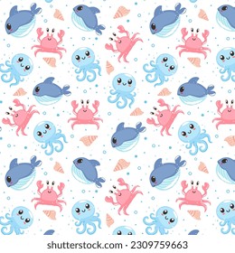 Summer cute seamless patterns with sea animals, colorful patterns, children's patterns with smiling animals , octopus, crab, whale, sea shell