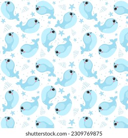 Summer cute seamless patterns with sea animals, colorful patterns, children's patterns with smiling animals , dolphin, starfish, seashell