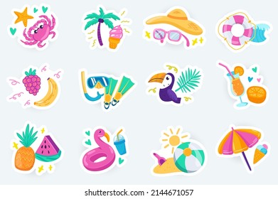 Summer cute stickers set in flat cartoon design. Bundle of crab, palms, ice cream, sunglasses, hat, lifebuoy, fruits, diving equipment and other. Vector illustration for planner or organizer template