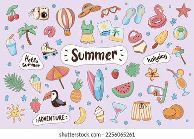 Summer cute stickers set in flat cartoon design. Collection of watermelon, surfboard, beach, ice cream, diving mask, cocktail, toucan and other. Vector illustration for planner or organizer template
