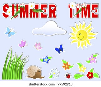 Summer cute stickers. (sun, grass, cloud, flower, butterfly, snail, ladybird) Vector.