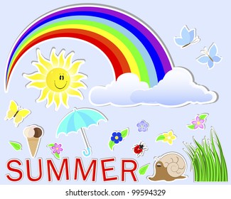 Summer cute stickers. (sun, grass,  cloud, flower; rainbow; umbrella, butterfly, snail, ladybird) Vector.
