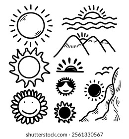 Summer cute sun line drawing icon set.Scribble doodle children drawn style. Vector illustration