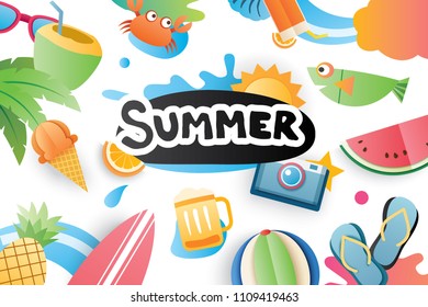 Summer cute symbol icon elements for beach party on white background. Paper art and craft style. Use for labels, stickers, badges, illustration design.