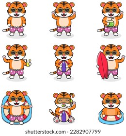 Summer cute Tiger vector illustration. Flat Tiger Summer Cartoon. Graphic cartoon character for banner, sticker advertising travel in summer theme illustration. Summer holiday concept design.