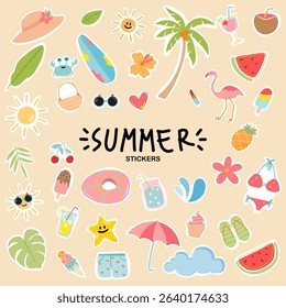 Summer cute vector icon set for sticker. Icons, signs and banners. Bright summer poster. Collection of elements for summer holiday. Vector icon set.