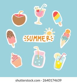 Summer cute vector icon set for sticker. Icons, signs and banners. Bright summer poster. Collection of elements for summer holiday. Vector icon set.