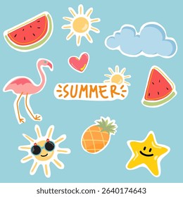 Summer cute vector icon set for sticker. Icons, signs and banners. Bright summer poster. Collection of elements for summer holiday. Vector icon set.