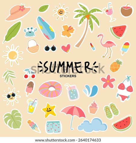 Summer cute vector icon set for sticker. Icons, signs and banners. Bright summer poster. Collection of elements for summer holiday. Vector icon set.
