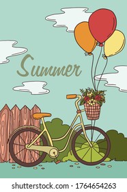 Summer. Cute vector illustration of a bicycle with balloons and flowers