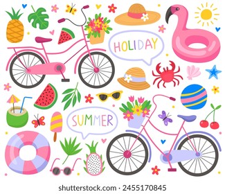 Summer cute vector illustration. Bright summertime elements. Pink bicycles, flowers, swimming ring, flamingo, coconut, pineapple, hat, shells, sunglasses, ball. Vacation, relaxation, tropics. 