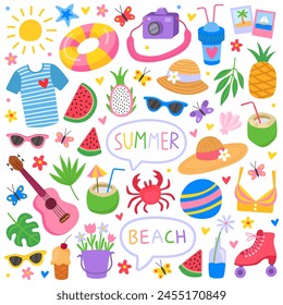 Summer cute vector illustration. Bright summertime elements.  Colorful icons, sun, ukulele, swimsuit, hats, rollers, fruits, coconut, crab, leaves, inflatable rings, coconut, butterflies. 