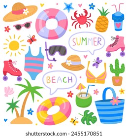 Summer cute vector illustration. Bright summertime elements. Swimming ring, swimsuit, roller skates, island, palm trees, coconut, fruit. Beach time, vacation, relaxation, tropical time.