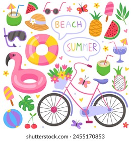 Sommer süße Vektorillustration. Helle sommerliche Elemente. Rosa Fahrräder, Blumen, Schwimmring, Flamingo, Kokos, Ananas, Hut, Wassermelone, Drachenfrucht. Urlaub, Entspannung, Tropen. 
