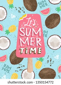 Summer! Cute vector illustration of pink strawberry ice cream on a background of fruits, coconut, watermelon and pineapple for a poster, card, flyer or banner
